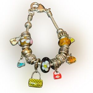 Women’s Silver-Tone Charm Bracelet with Yellow and Brown Glass Beads